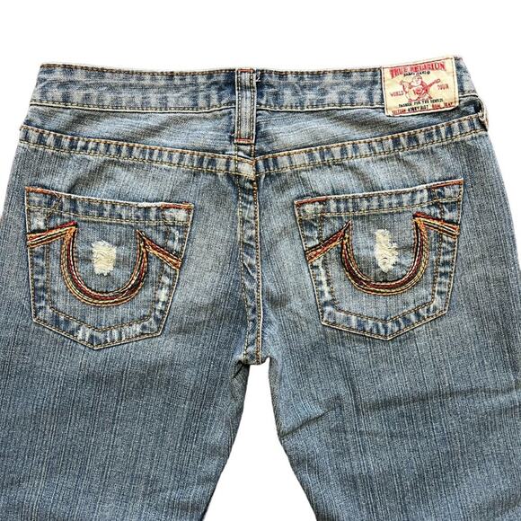 VTG TRUE RELIGION Low Rise Flared Leg Bobby Big T Distressed Jeans  Y2K  SZ 27P - Picture 1 of 10
